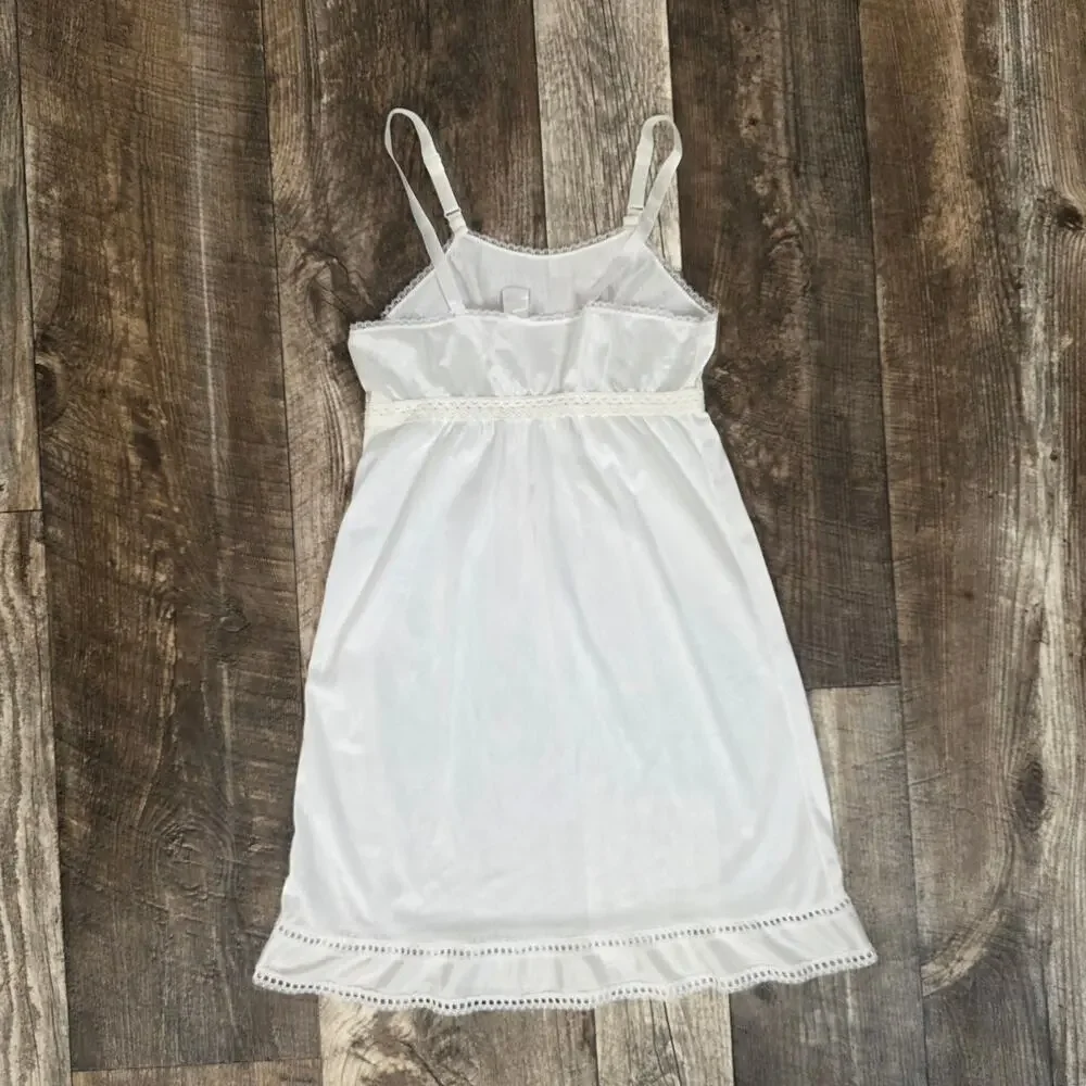 Vintage White Girls Slip Dress Lace Trim Full Slip Petticoat Size 10-12